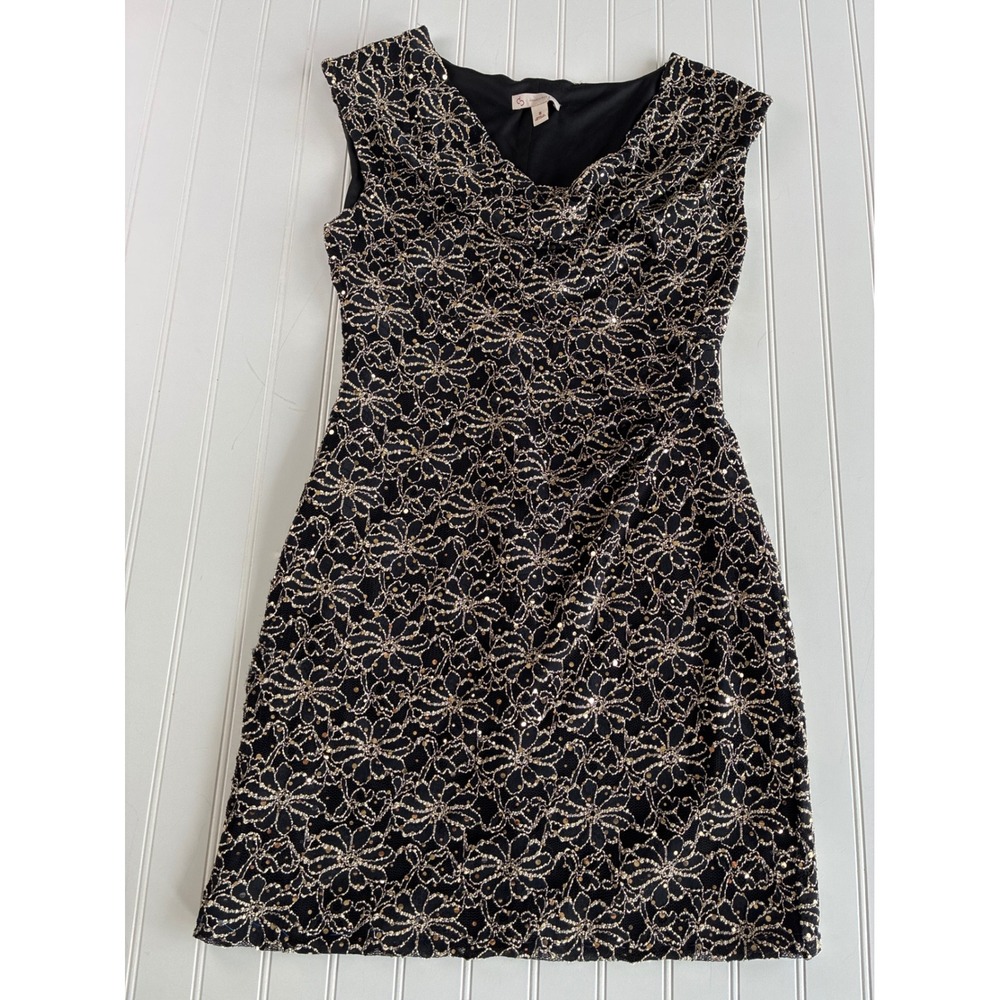 Dress Barn Women 8 Black Gold Sequin Embroidered Daisy Cowl Neck Mini Dress